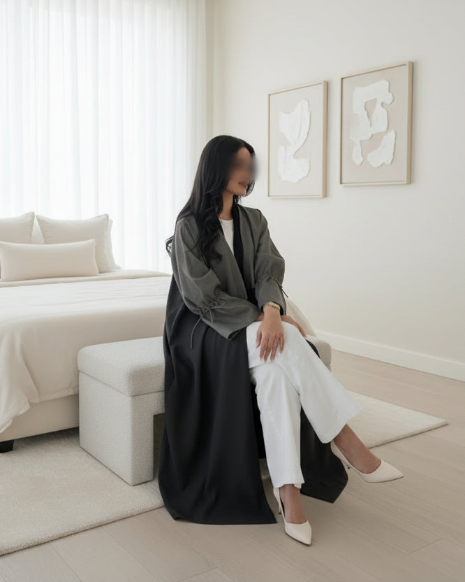 Gray Colorblock Patchwork Open Abaya for Eid, product view 4