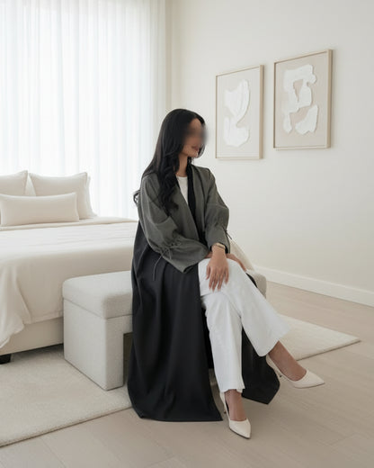 Gray Colorblock Patchwork Open Abaya for Eid, product view 4 3