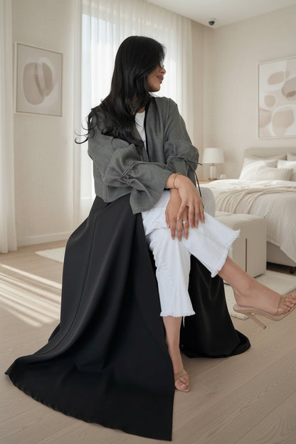 Gray Colorblock Patchwork Open Abaya for Eid, product view 5 5