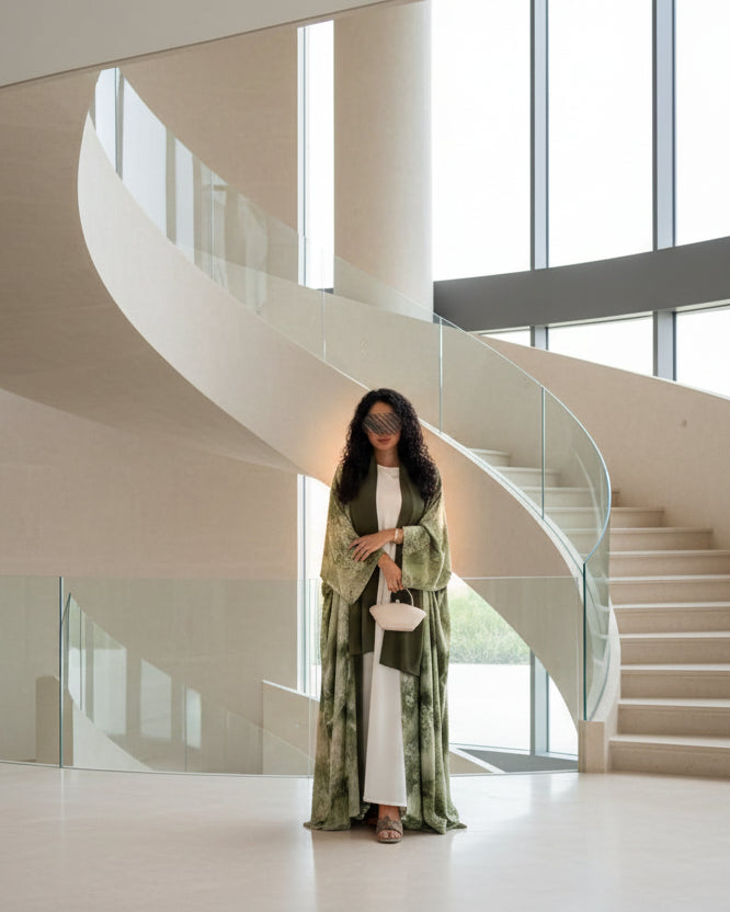 Green Botanical Open Abaya for Everyday Wear, product view 1