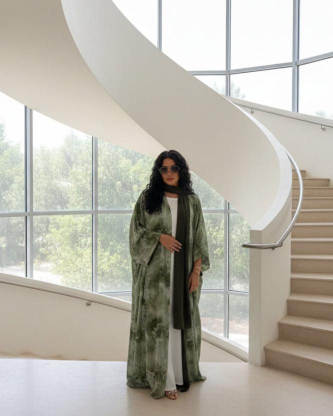 Green Botanical Open Abaya for Everyday Wear, product view 2