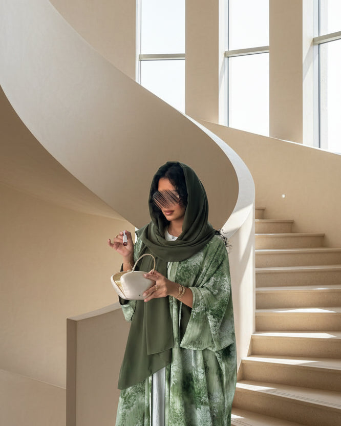 Green Botanical Open Abaya for Everyday Wear, product view 3