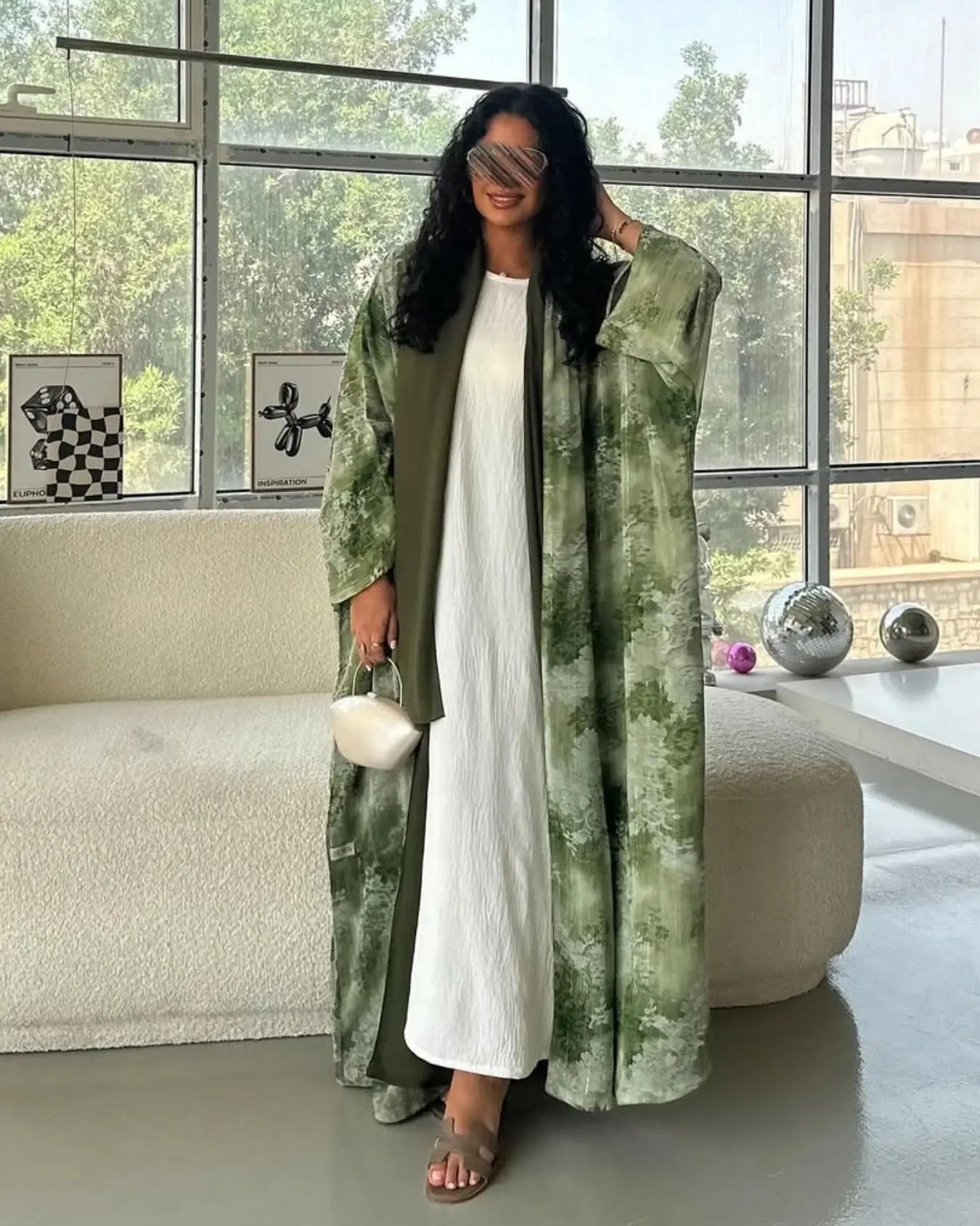 Green Botanical Open Abaya for Everyday Wear, product view 4 1