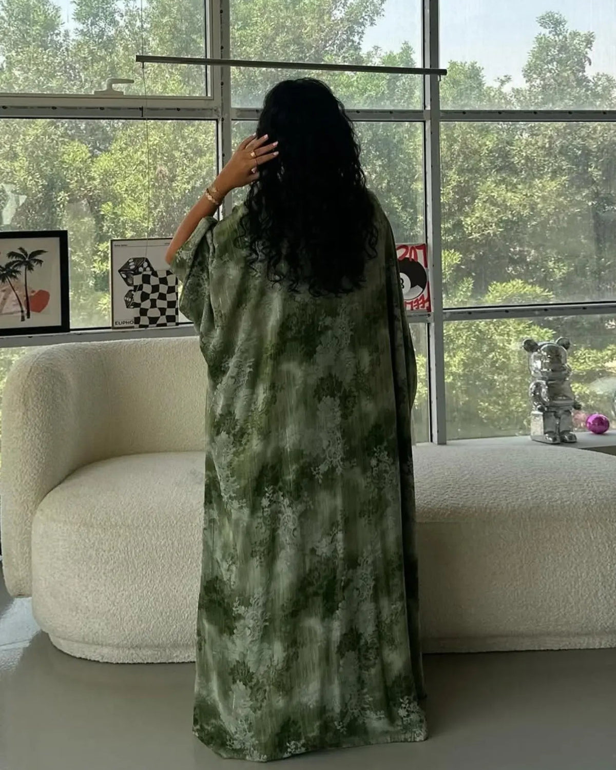 Green Botanical Open Abaya for Everyday Wear, product view 5