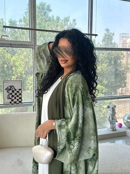 Green Botanical Open Abaya for Everyday Wear, product view 6 6