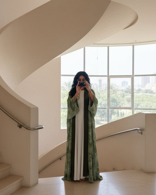 Green Botanical Open Abaya for Everyday Wear, product view 7