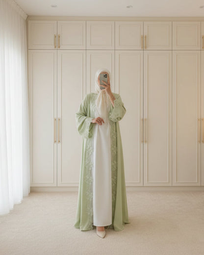 Green Embroidered Lace-Trim Open Abaya for Everyday Wear, product view 1 1