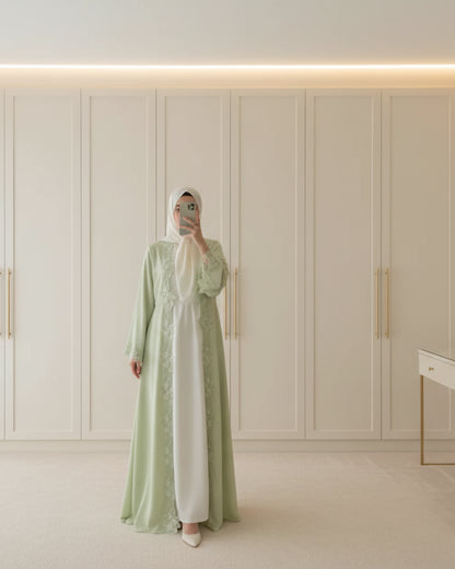 Green Embroidered Lace-Trim Open Abaya for Everyday Wear, product view 3 4