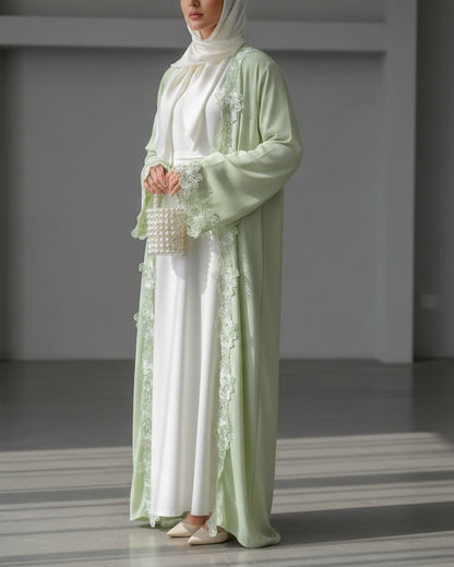 Green Embroidered Lace-Trim Open Abaya for Everyday Wear, product view 4 5