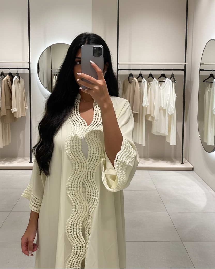 Lace-Trim Open Abaya for Everyday Wear, product view 3