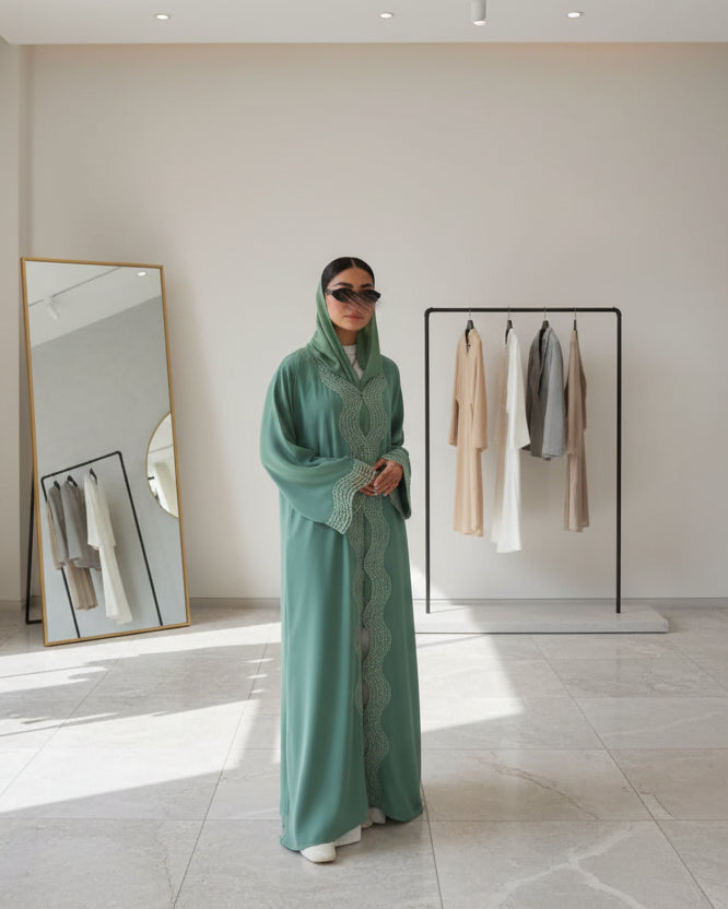 Lace-Trim Open Abaya for Everyday Wear, product view 5