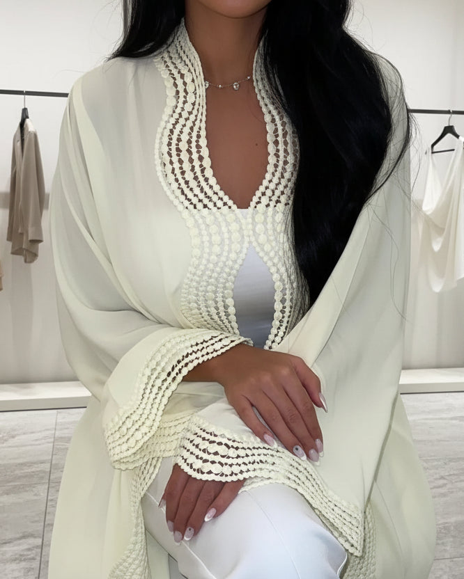 Lace-Trim Open Abaya for Everyday Wear, product view 7