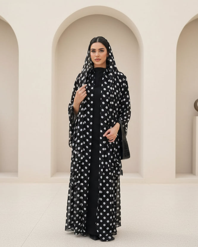 Polka Dot Chiffon Abaya and Hijab Set, product view 6