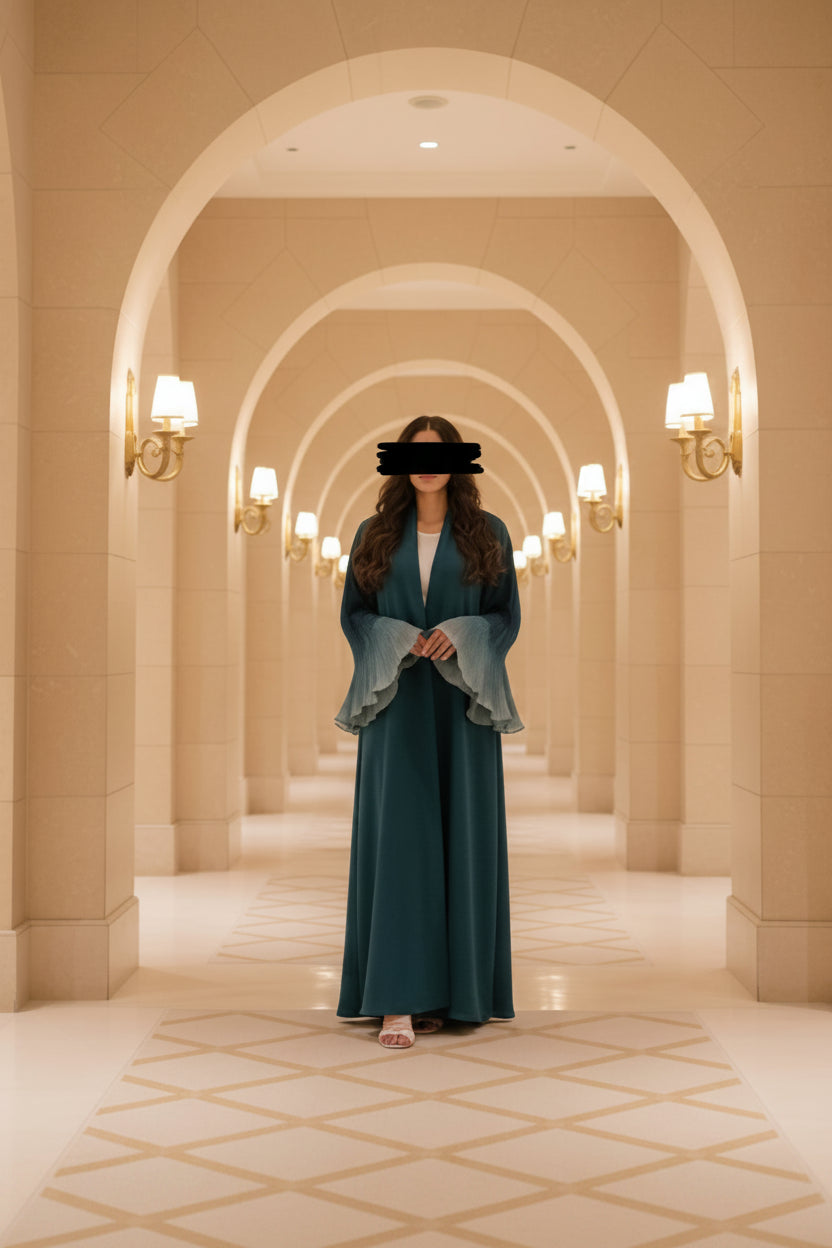 Sky Blue Patchwork Pleated Open Abaya for Everyday Wear, product view 1