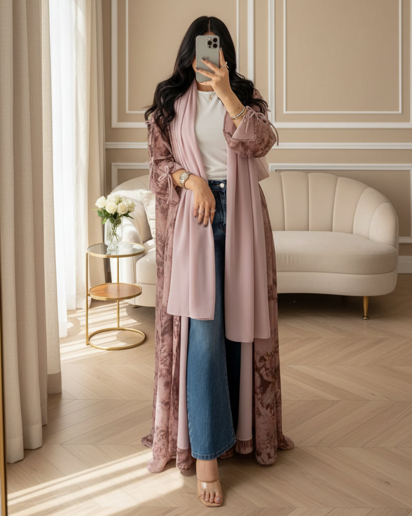 Original view of the dusty-rose tie-dye abaya with a coordinating hijab
