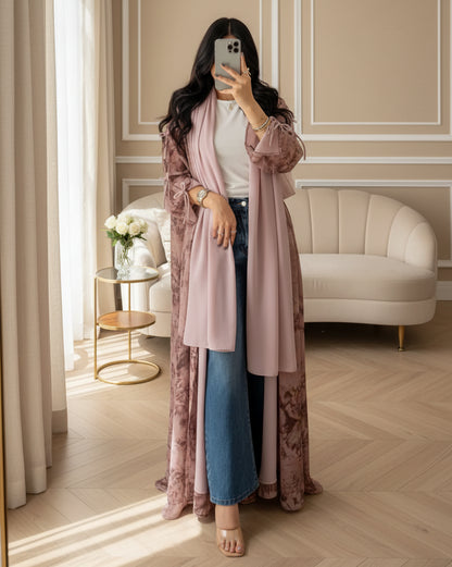 Original view of the dusty-rose tie-dye abaya with a coordinating hijab 1