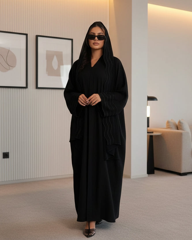 Wave-Trim Embroidered Abaya and Hijab Set for Eid, product view 1