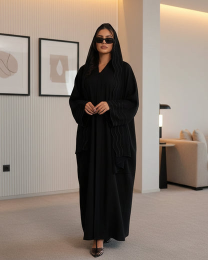 Wave-Trim Embroidered Abaya and Hijab Set for Eid, product view 1 1