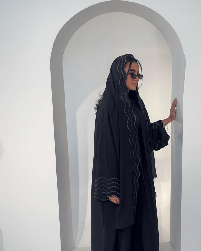 Wave-Trim Embroidered Abaya and Hijab Set for Eid, product view 2