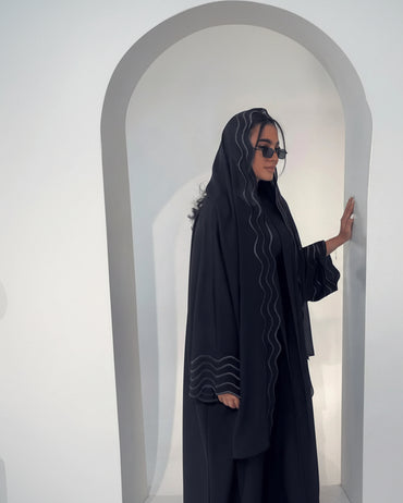 Wave-Trim Embroidered Abaya and Hijab Set for Eid, product view 2 2