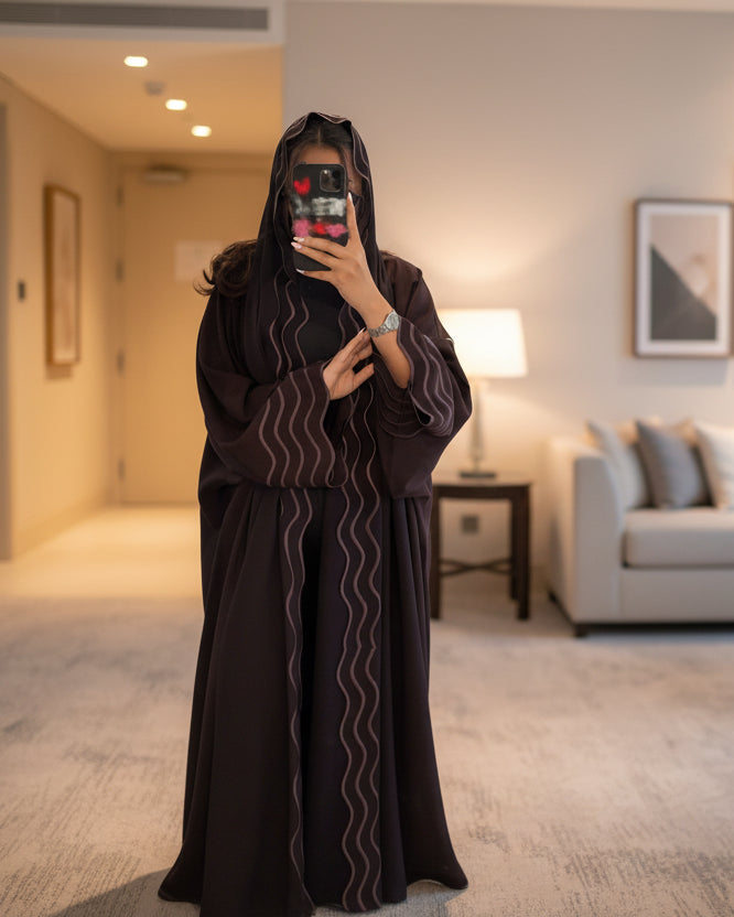 Wave-Trim Embroidered Abaya and Hijab Set for Eid, product view 3