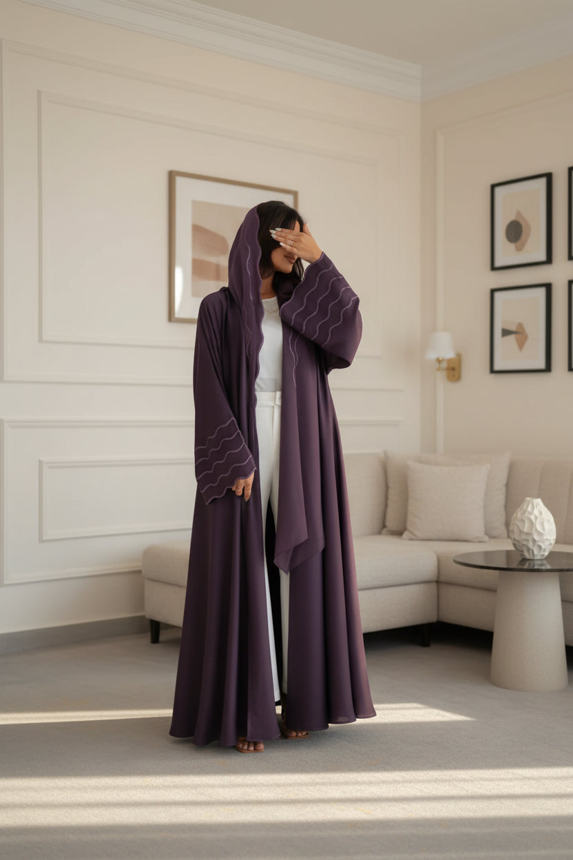 Wave-Trim Embroidered Abaya and Hijab Set for Eid, product view 4
