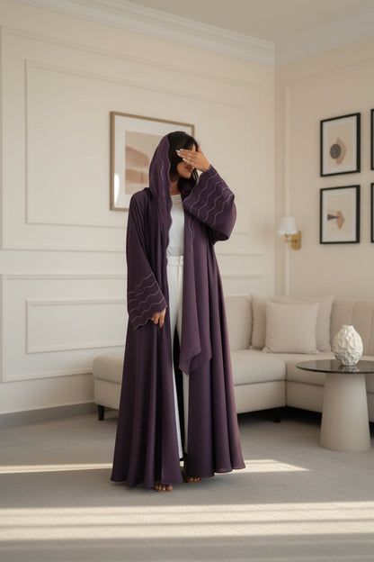 Wave-Trim Embroidered Abaya and Hijab Set for Eid, product view 4 4
