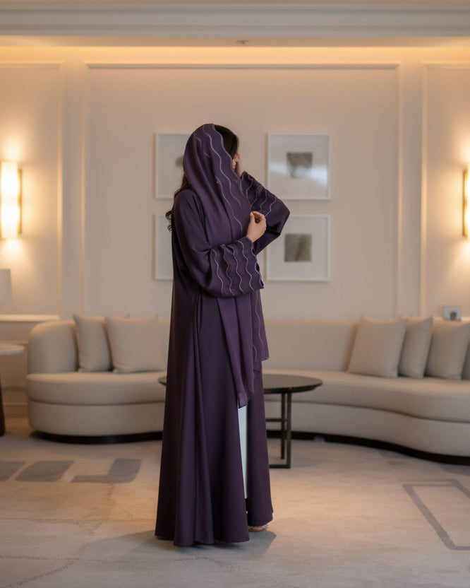 Wave-Trim Embroidered Abaya and Hijab Set for Eid, product view 5