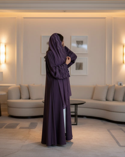 Wave-Trim Embroidered Abaya and Hijab Set for Eid, product view 5 5