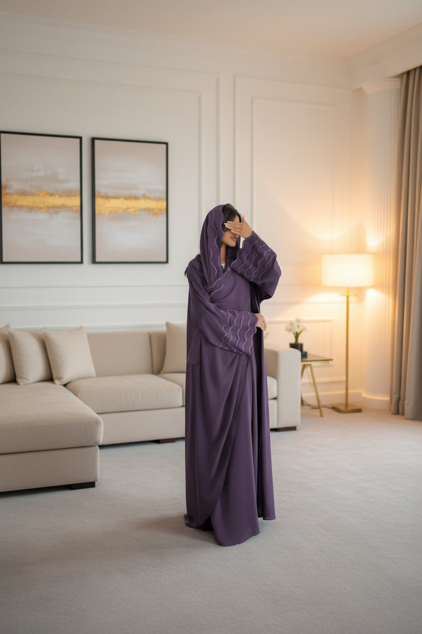 Wave-Trim Embroidered Abaya and Hijab Set for Eid, product view 6