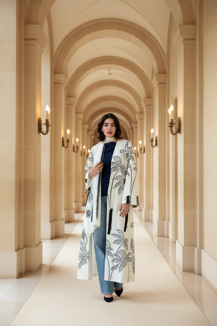 White Botanical Abaya and Hijab Set, product view 3