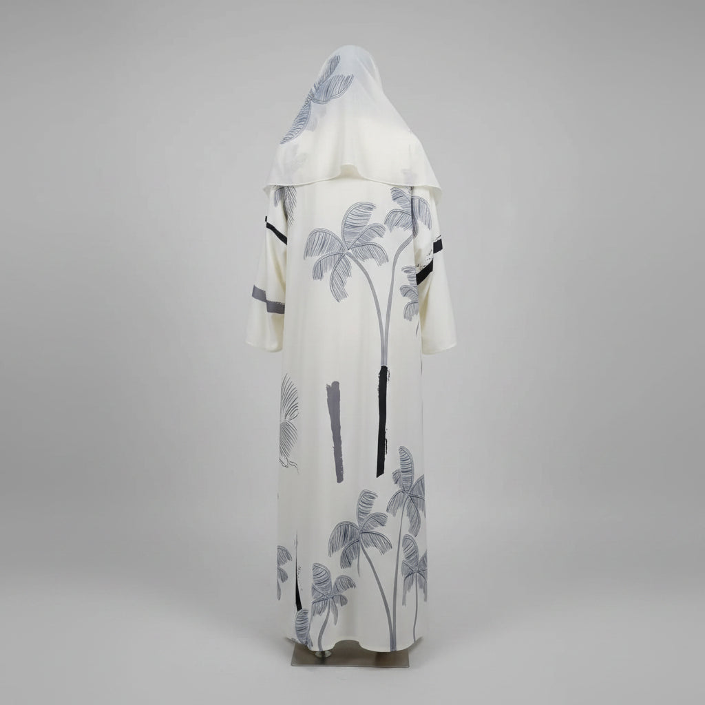 White Botanical Abaya and Hijab Set, product view 7