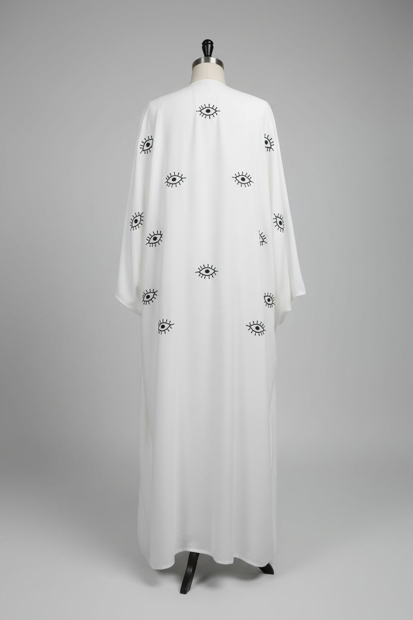 White Eye Print Open Abaya for Everyday Wear, product view 2