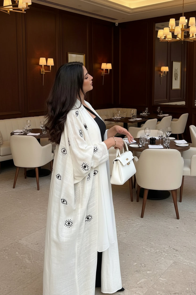 White Eye Print Open Abaya for Everyday Wear, product view 3