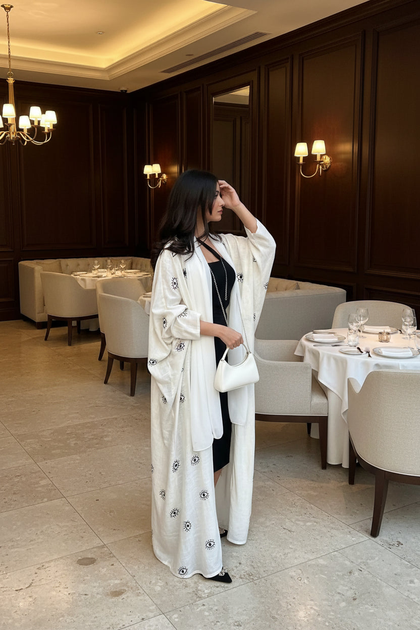 White Eye Print Open Abaya for Everyday Wear, product view 4