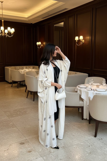 White Eye Print Open Abaya for Everyday Wear, product view 4 5