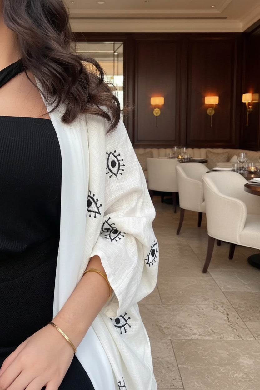 White Eye Print Open Abaya for Everyday Wear, product view 5