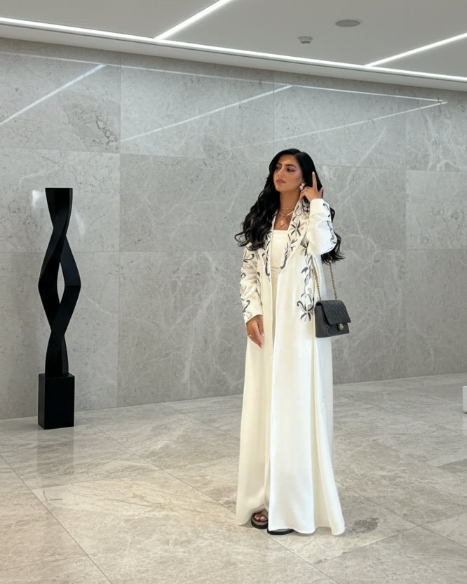White Floral Embroidered Open Abaya, product view 4