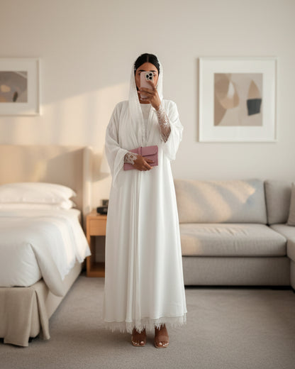 White Patchwork Lace-Trim Abaya and Hijab Set for Eid, product view 1 1