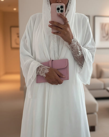 White Patchwork Lace-Trim Abaya and Hijab Set for Eid, product view 3 4