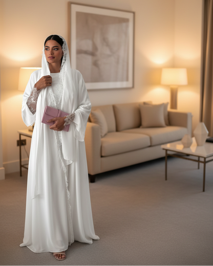 White Patchwork Lace-Trim Abaya and Hijab Set for Eid, product view 4 3