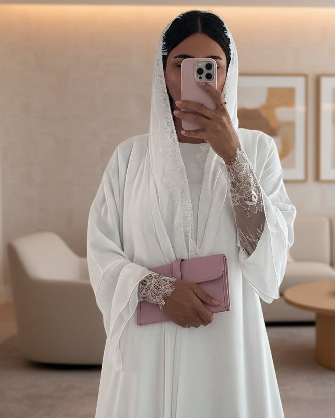 White Patchwork Lace-Trim Abaya and Hijab Set for Eid, product view 5