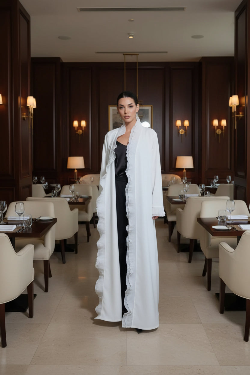 White Ruffled Open Abaya for Everyday Wear, product view 1 1