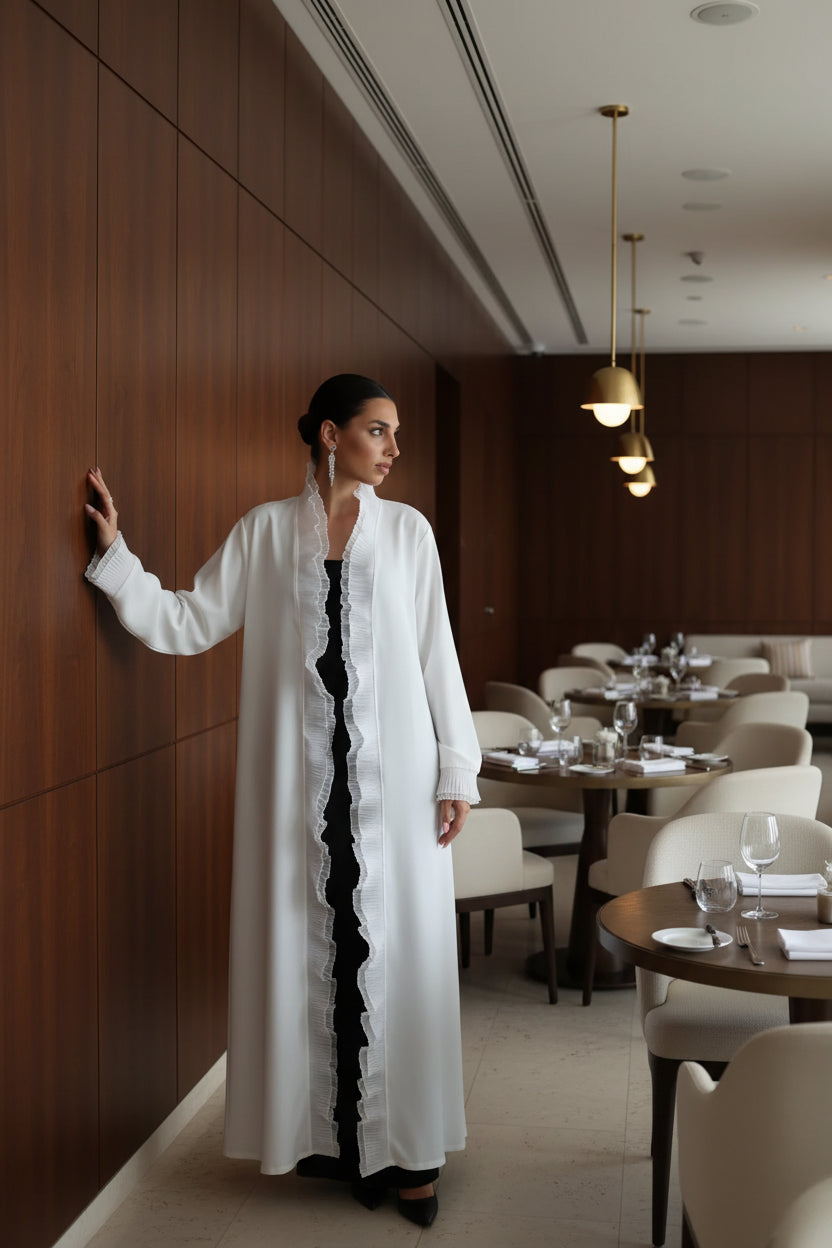 White Ruffled Open Abaya for Everyday Wear, product view 3