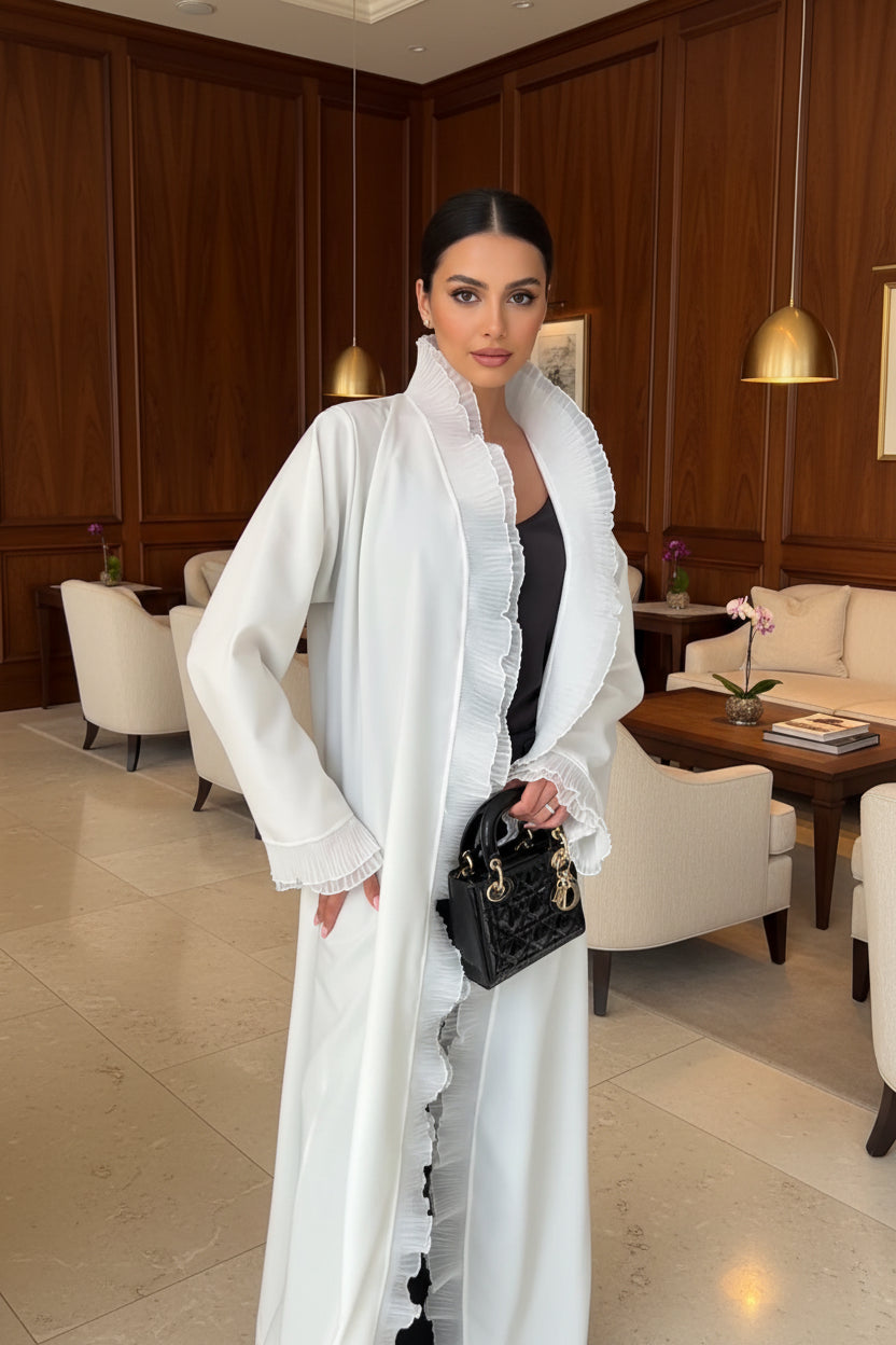 White Ruffled Open Abaya for Everyday Wear, product view 4