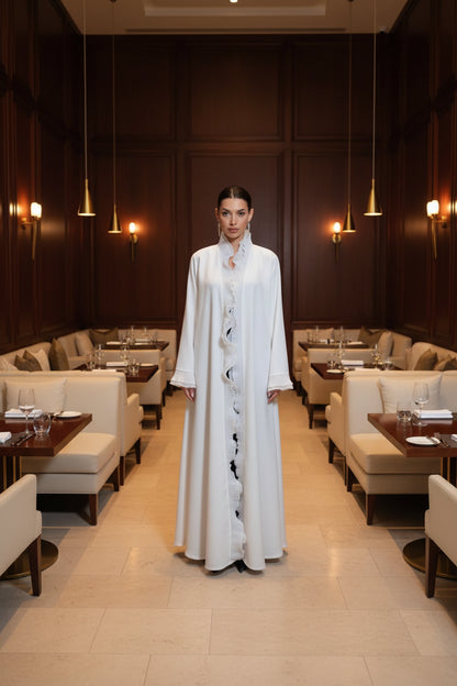White Ruffled Open Abaya for Everyday Wear, product view 5 3