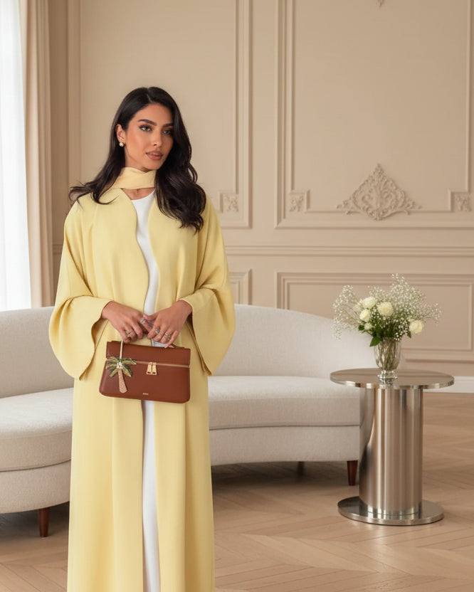 Yellow Contrast-Trim Open Abaya for Everyday Wear, product view 3