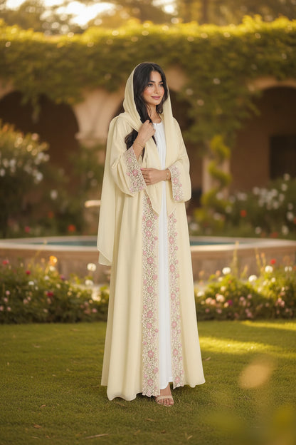 Yellow Floral Lace-Trim Abaya and Hijab Set for Eid, product view 1 1