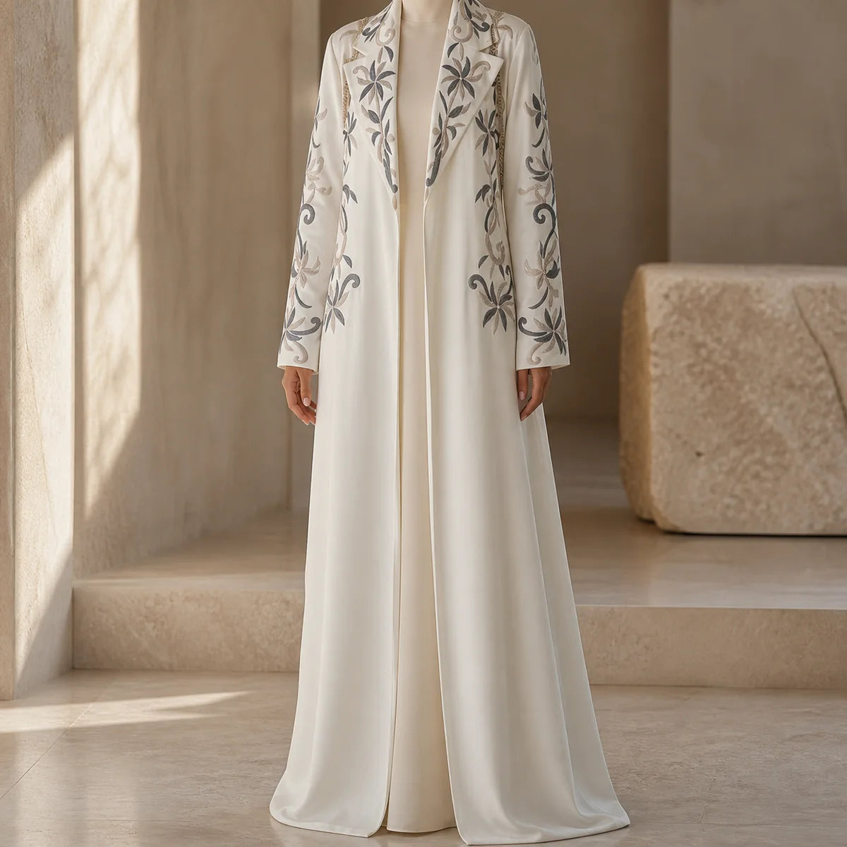Ivory open abaya with grey botanical embroidery in a warm stone interior