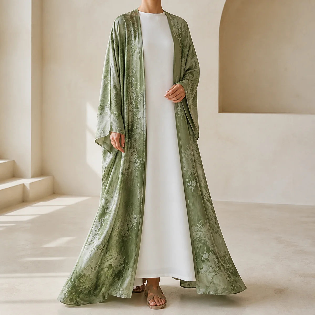 Sage green longline layer worn over a white dress in a sunlit interior